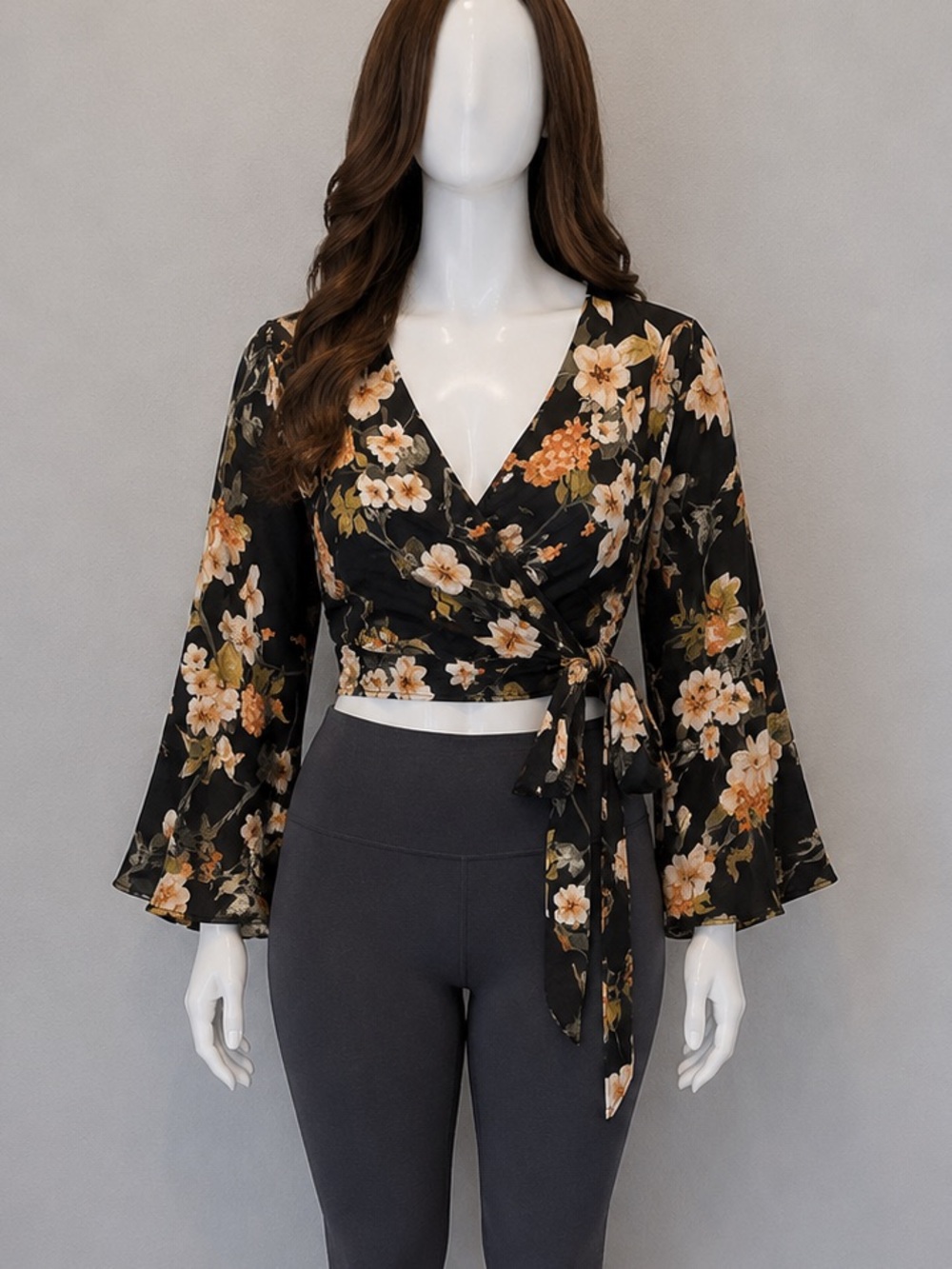 Triple 7 Black Floral Wrap Blouse/Crop top with Peach Blooms